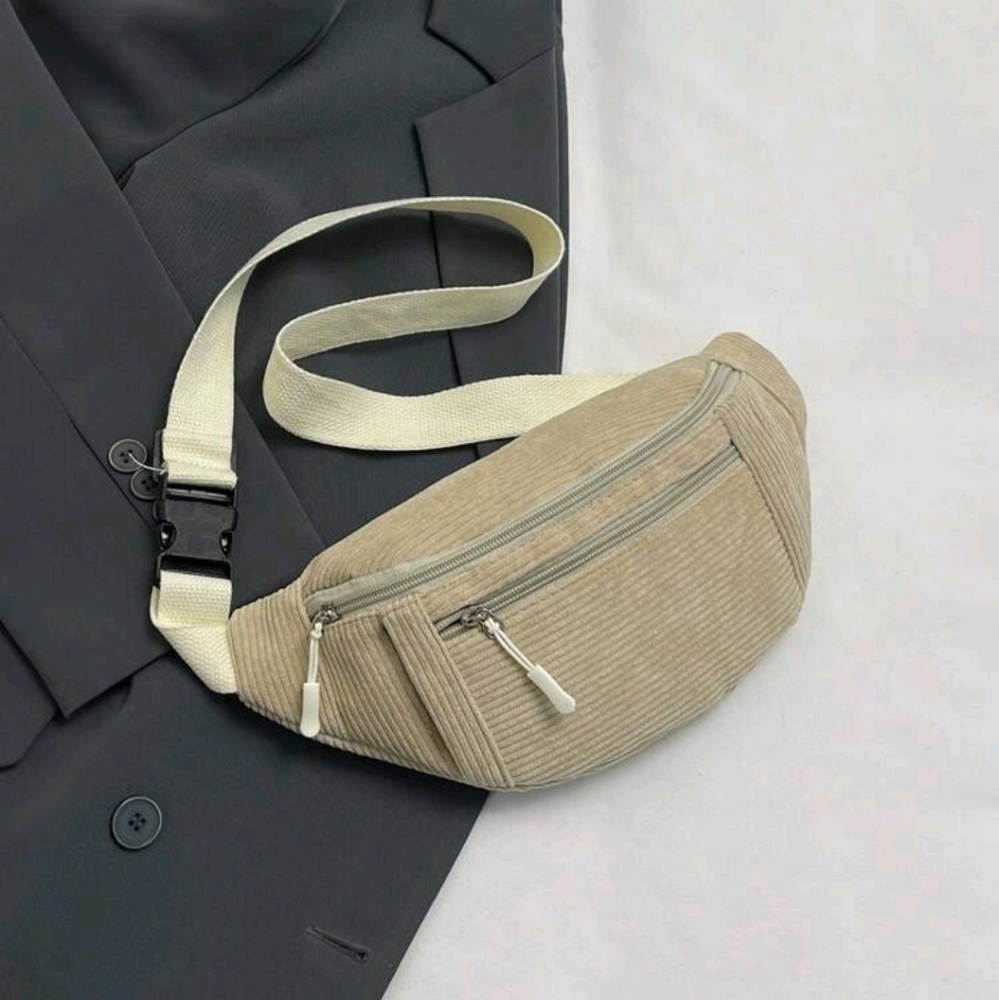 Unisex Beige Corduroy Waist Bag with Adjustable Strap Tan Crossbody Bag
